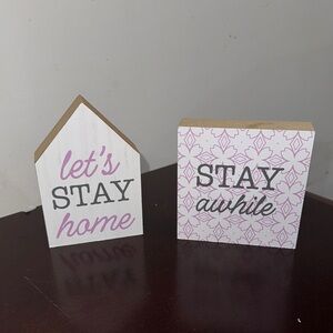 Decorative Wooden Signs with Pink and Gray Text